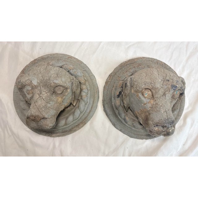Gray Pair Antique Hand Carved Dog Architectural Salvage Wall Sculpture Conklin Port For Sale - Image 8 of 13