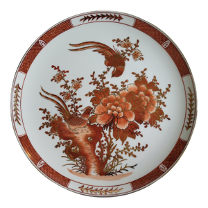 1960s Brick Red Floral With Bird Chinoiserie Platter, Made in Hong Kong