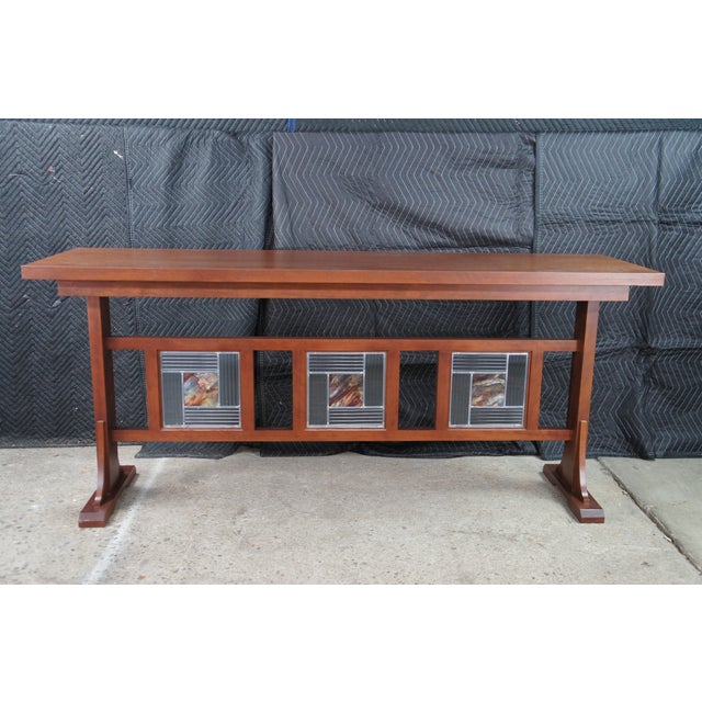Late 20th Century Mission Arts & Crafts Leaded Stained Glass Cherry Console Hall Sofa Table 72" For Sale - Image 11 of 14