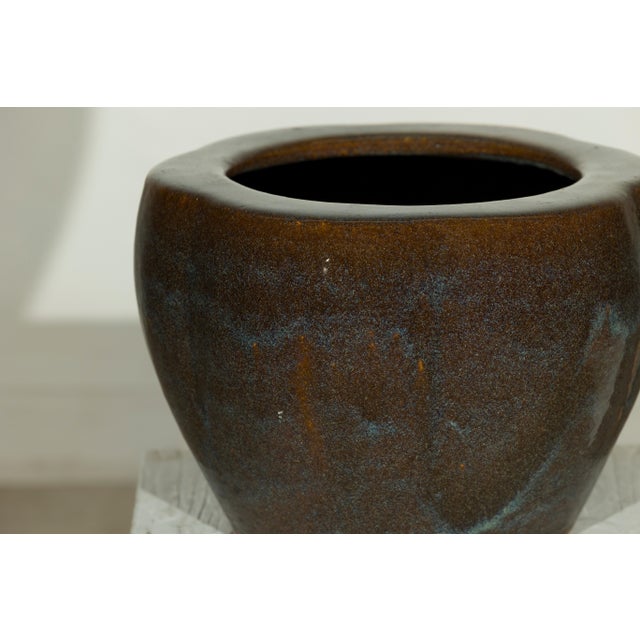 Late 20th Century Vintage Chinese Brown and Blue Glazed Handcrafted Ceramic Planter For Sale - Image 5 of 17