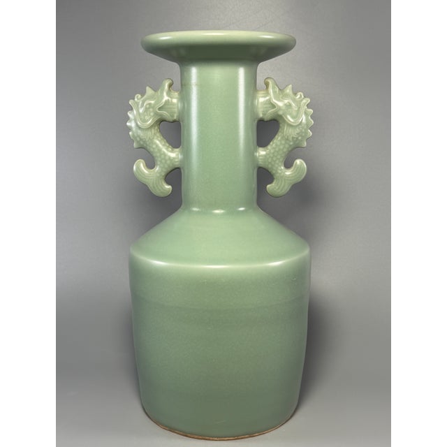 Ancient Chinese Longquan Celadon Dragon-Carp Twin Handle Vase | One of a Kind, Unique Single Example For Sale - Image 4 of 6