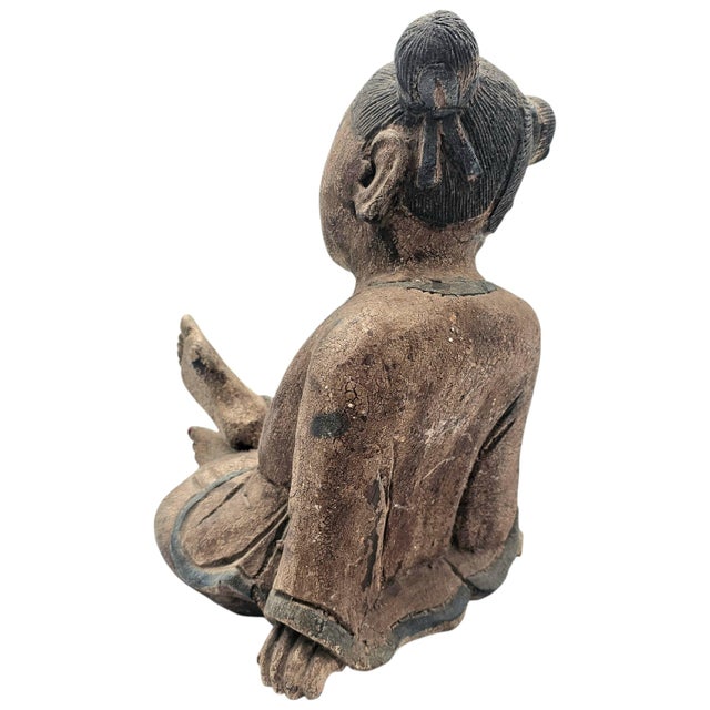 Brown Hand Carved Asian Seated Girl Wood Sculpture 13.5" For Sale - Image 8 of 11