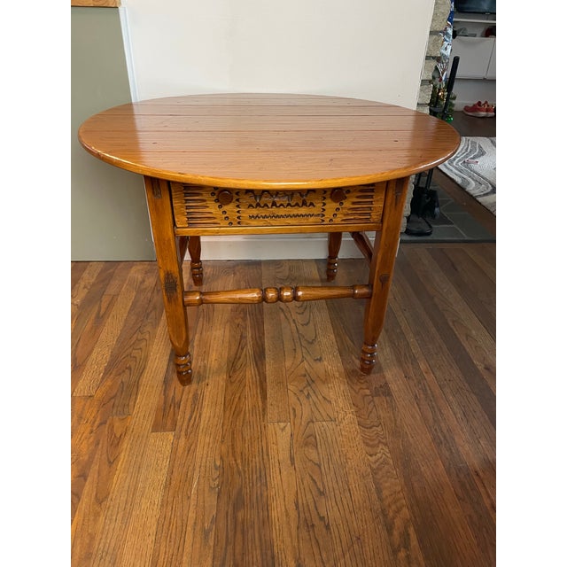Wood Late 20th Century Hand-Carved Rustic Folk Art Side Table With Drawer – Solid Wood, 35.5″ Round For Sale - Image 7 of 11