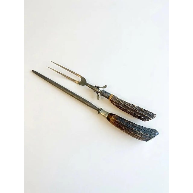 Antique Sterling Silver Mounted Stag Horn Carving Set, Meat Fork and Sharpening Steel For Sale - Image 4 of 15