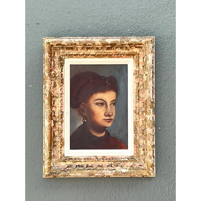 Mid-Century Modern Vintage Framed Portrait Oil on Canvas For Sale - Image 3 of 12