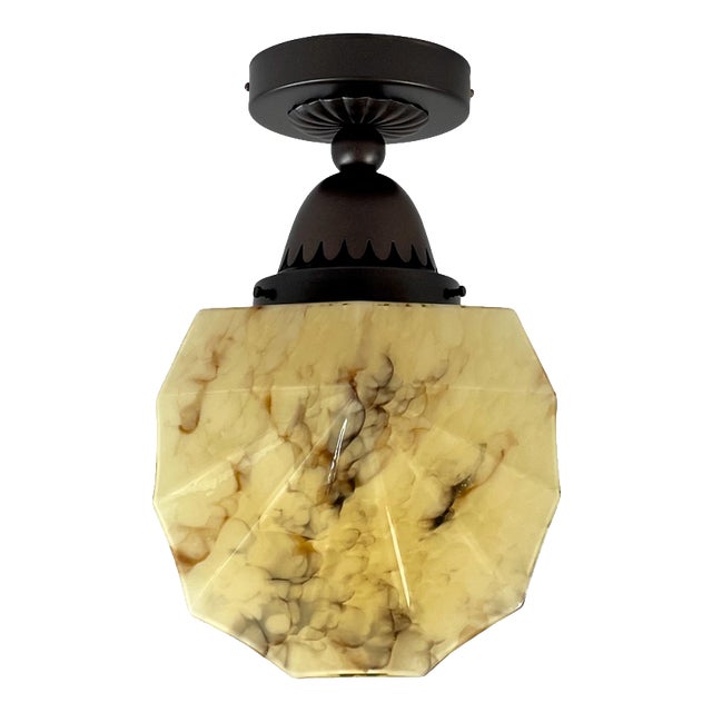 Art Deco Marbled Opaline Glass and Burnished Brass Flush Mount, Germany, 1920s For Sale
