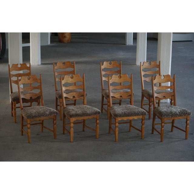 Mid-Century Danish Chairs in Oak & Lambswool by Henning Kjærnulf for E.G. Møbler, 1960s, Set of 8 For Sale - Image 3 of 18