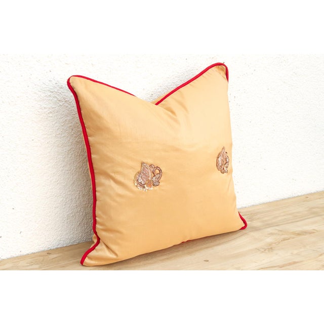 Abstract Shahi Saffron Gold Zardozi Silk Pillow, Peacock Motif For Sale - Image 3 of 6