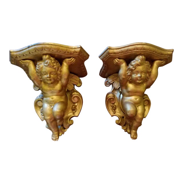 19th Century Italian Barretti Florence Carved Wood Angel Shelves - a Pair For Sale
