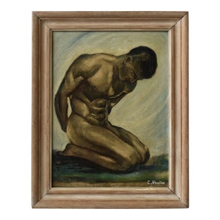 Vintage Art Deco Style Kneeling Male Nude Oil on Board Painting, Circa Mid 20th Century For Sale