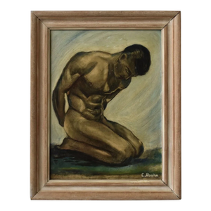 Vintage Art Deco Style Kneeling Male Nude Oil on Board Painting, Circa Mid 20th Century
