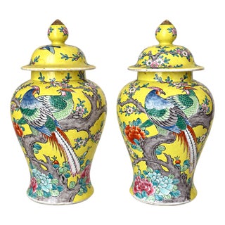 Mid 20th Century Pair of Nippon-Marked Yellow Bird and Floral Porcelain Ginger Jars For Sale