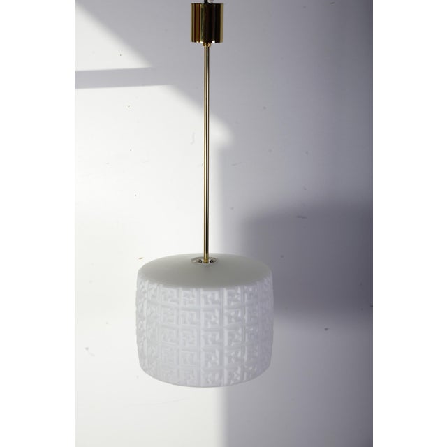 Geometric Opaline and Brass Pendant Light from Osvetlovaci Sklo V.M., Former Czechoslovakia, 1960s For Sale - Image 3 of 18
