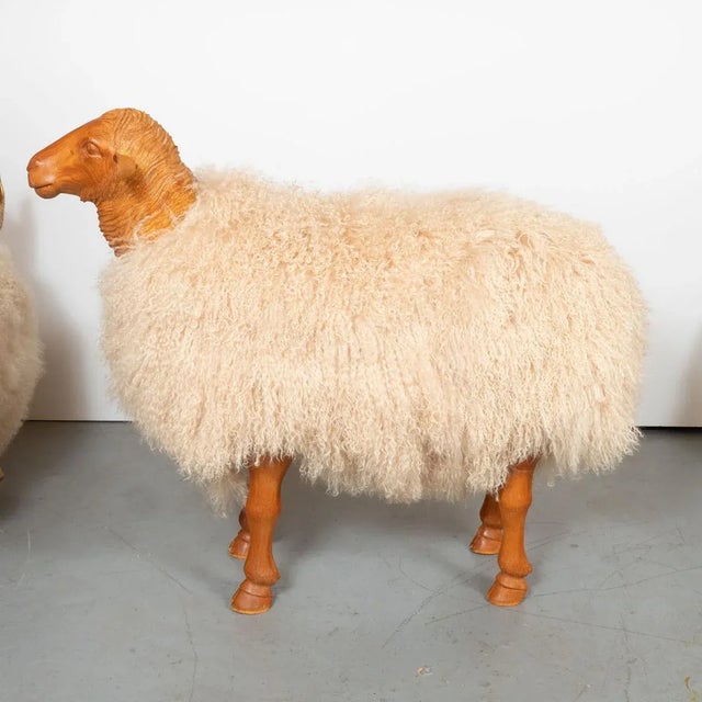 Large highly detailed woodcarving sculpture with faux shearling depicting a sheep by master woodworker Carlos Villegas....