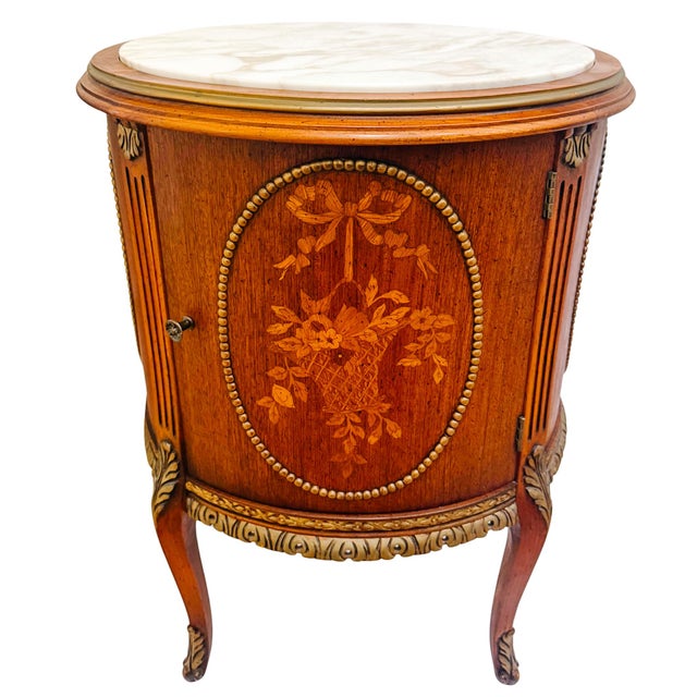 French Mid 20th Century Louis XVI Style Round Gueridon Commode Tables With Carrara Marble & Floral Marquetry - A Pair For Sale - Image 3 of 17