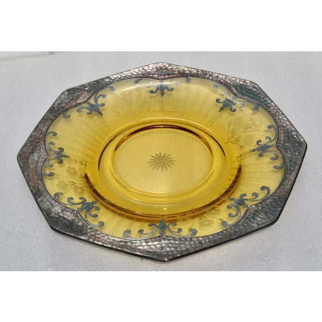 Art Nouveau Antique Shaped Amber Etched & Cut Glass Decorative Plate W/Silver Overlay For Sale - Image 3 of 13