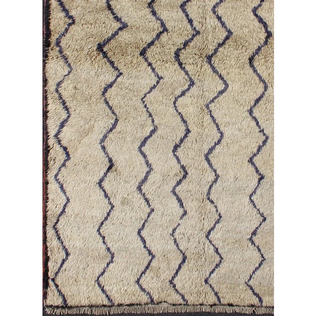 Tribal Mid 20th Century Mid 20th Century Vintage Tulu Rug With Modern Design in Off Taupe Color and Dark Blue Lines For Sale - Image 3 of 12