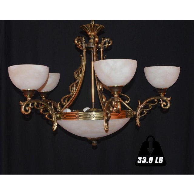 Art Deco Six-Light Chandelier in Brass and Tinted Glass, 1930 For Sale - Image 10 of 18