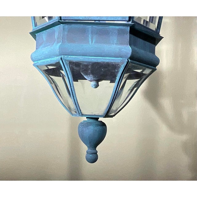 Vintage Verdigris Solid Brass Hexagonal Hanging Lantern – 29”x 11” For Sale - Image 13 of 14