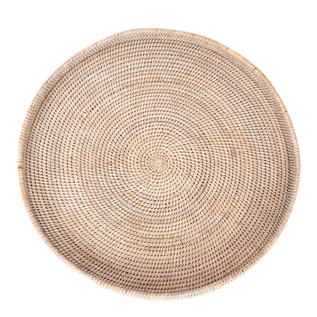 Boho Chic Artifacts Rattan Round Serving / Ottoman Tray in White Wash - 19" For Sale - Image 3 of 6