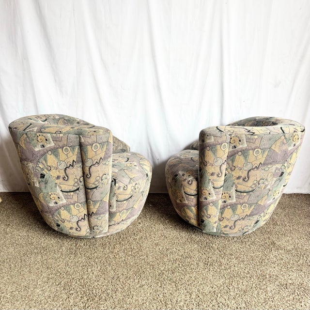 1980s Postmodern Blue Gray and Purple Nautilus Swivel Chairs - A Pair For Sale - Image 5 of 11