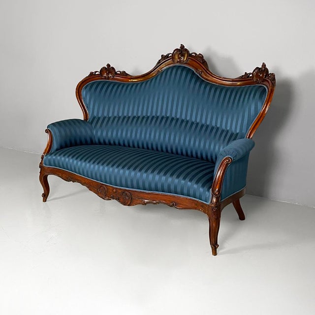Italian Louis XVI Style Wood and Blue Striped Fabric Sofa, 1930s For Sale - Image 4 of 11