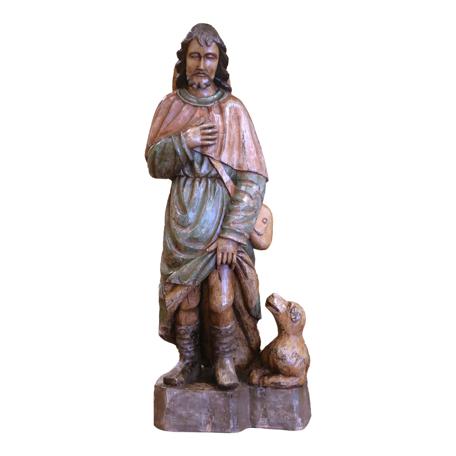 19th Century French Polychrome Carved Wood Statue of Saint Roch | Chairish