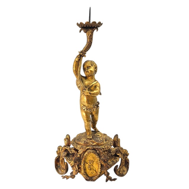 19th C French Gilt Bronze Cherub Putti Candlestick Pair 14" For Sale - Image 14 of 18