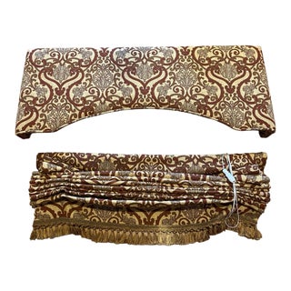 Mid 20th Century Damask Design Window Textile Cornice & Roman Shade For Sale