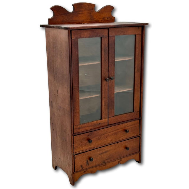 American Unusual Early 1900s Antique American Miniature Size Wood & Glass Front "Salesmans Sample" Kitchen Hutch - 23 Inches Tall For Sale - Image 3 of 18