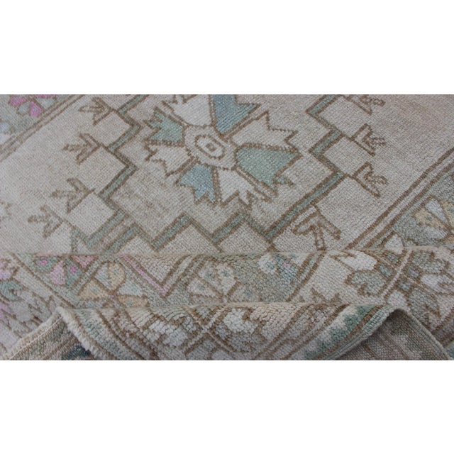 Tribal Vintage Turkish Oushak Square Rug With Medallion in Soft Green and Creams For Sale - Image 10 of 11