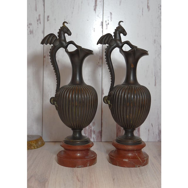 Late 19th Century Victorian Opposing Bronze Serpent or Seahorse Urns on Marble Bases For Sale - Image 5 of 18