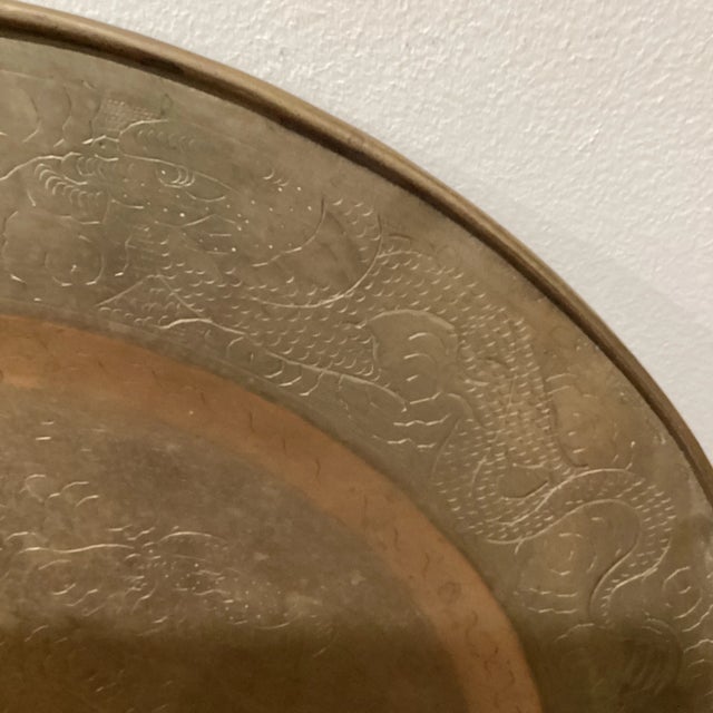 Chinese Antique Big & Heavy Chinese Etched Brass Tray Asian Motif For Sale - Image 3 of 12