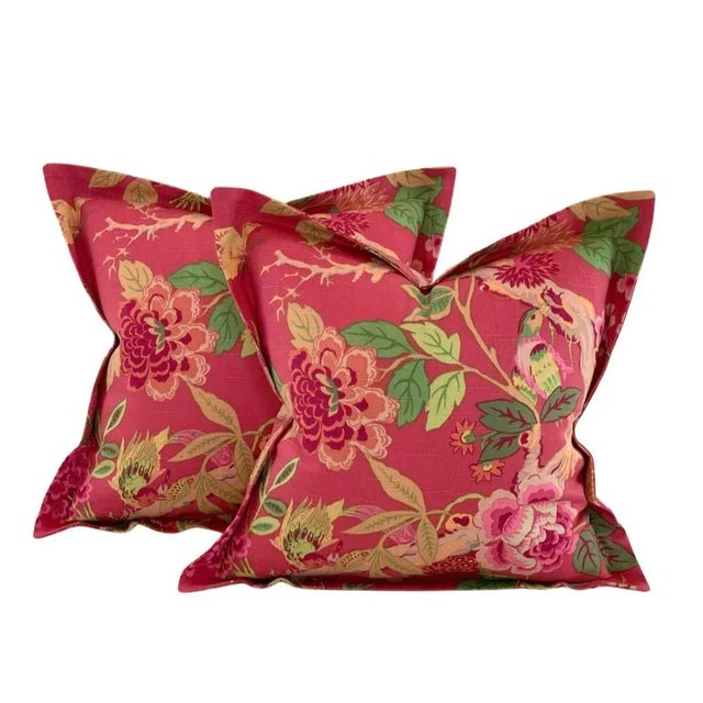 2020s Richloom Green Orange Pink Tan Bird on a Vine Botanical Chinoiserie Floral Linen Pillow Covers- Pair For Sale - Image 5 of 5