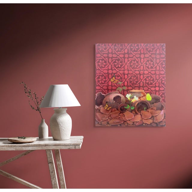 This artwork features a vibrant composition of broken pottery and delicate flora, set against a richly patterned...
