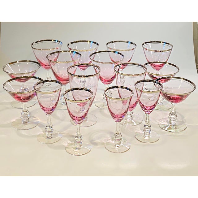 Antique Pink and Silver Rimmed Crystal Stemware Wine / Water Glasses