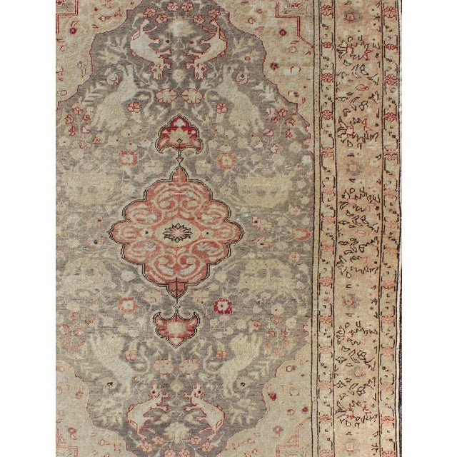 Measures: 4 x 6. Antique Turkish Oushak Rug with Pale Sage Ground and Central Medallion in Red. Keivan Woven Arts / rug/...