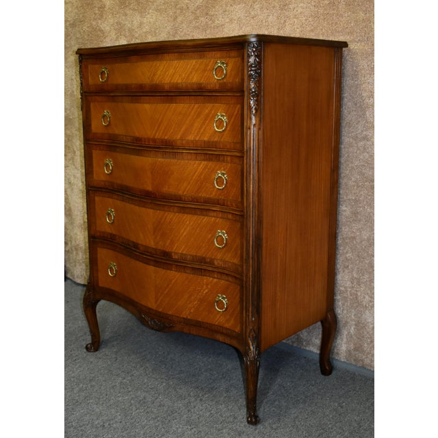 Vintage Five Drawer Carved Rosewood & Satinwood French Style Tall Chest