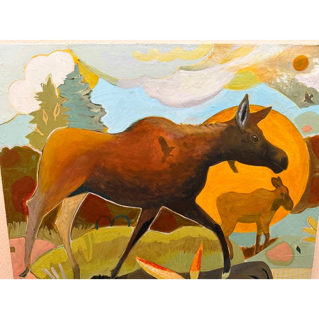 This 30” x 24” painting is depicting a scene that I witnessed in Wyoming. A mama moose and her babe ran under the road as...