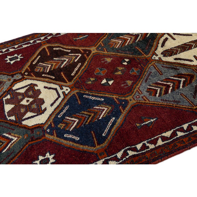 Vintage Hand-Knotted Hamadan Long Runner Rug With Inscriptions & Tribal Geometric Diamonds For Sale - Image 9 of 9