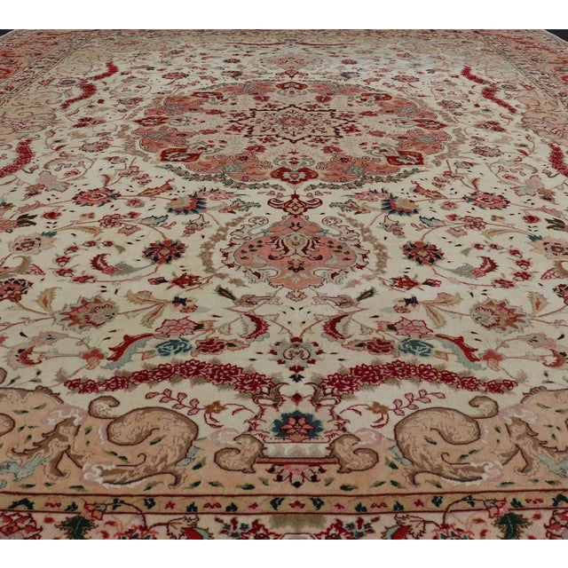 Shabby Chic Vintage Persian Fine Tabriz Rug With Floral Medallion Design in Wool and Silk 9'10 X 13'0 For Sale - Image 3 of 11
