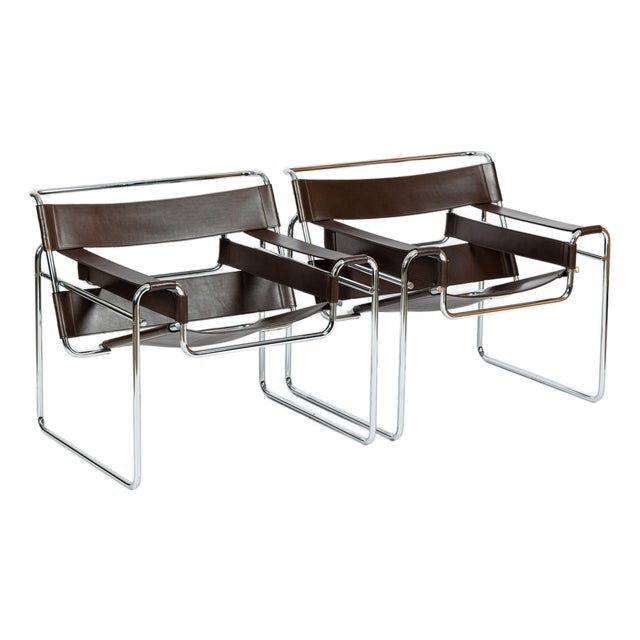 Pair of Mid Century Brown Wassily Chairs by Marcel Breuer for Stendig, 1960s, Labeled For Sale