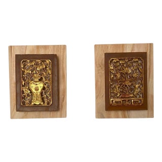 Antique c.1920 Chinese Giltwood Carved Architectural Panels – Pair For Sale