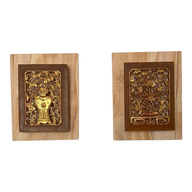 Antique c.1920 Chinese Giltwood Carved Architectural Panels – Pair For Sale
