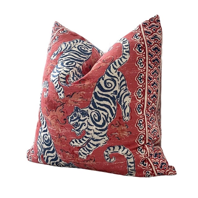 This bold, fun, heavily embroidered print, features heavily embroidered tigers in a fresh red and blue colorway. This high...