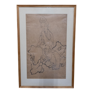 19th Century Chinese or Japanese Ink Wash Drawing of Guanyin