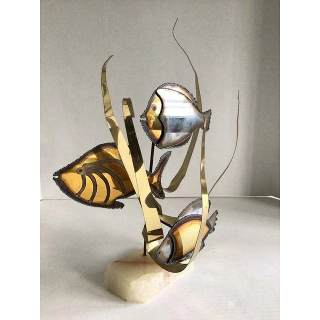 1960s Fish and Seagrass Sculpture of Sheeted Brass and Aluminum on Onyx Base This was torch cut and welded Nautical or...