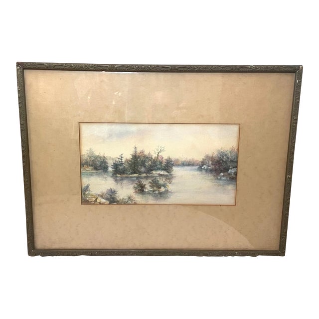 Antique 19th Century Orig ZHR Winter River Watercolor Realism Landscape Painting For Sale
