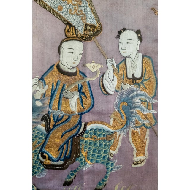 19th Century Chinese Fine Silk Embroidered Panel With Figures on Purple Ground For Sale - Image 13 of 16