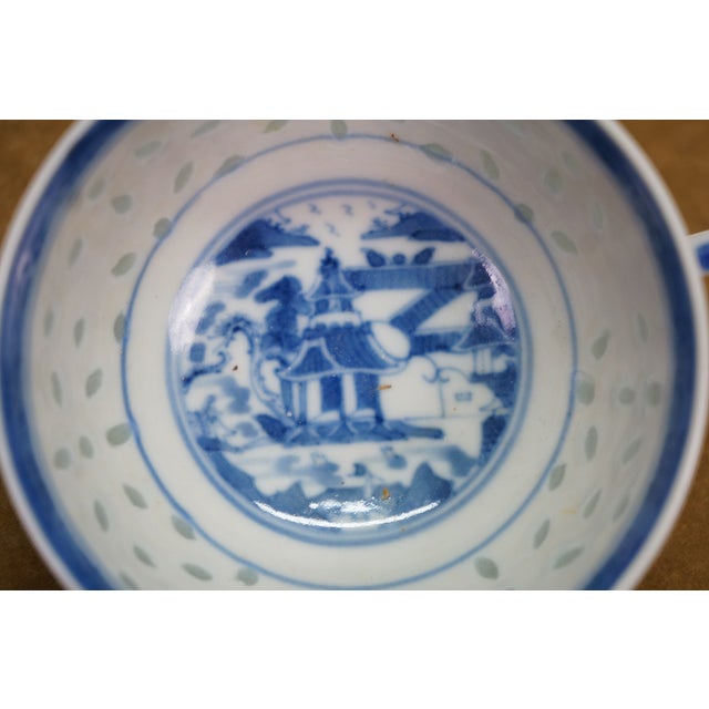 Blue Vintage Chinese Rice Eye Grain Translucent Blue Porcelain Dinnerware - 10 Pc For Sale - Image 8 of 11